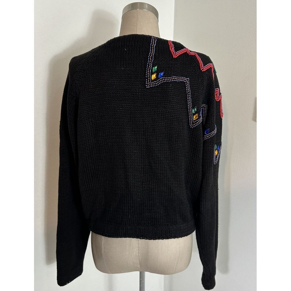 Vintage New York‎ News 1980s Boxy Beaded Black Cardigan Sweater Medium - Picture 4 of 11
